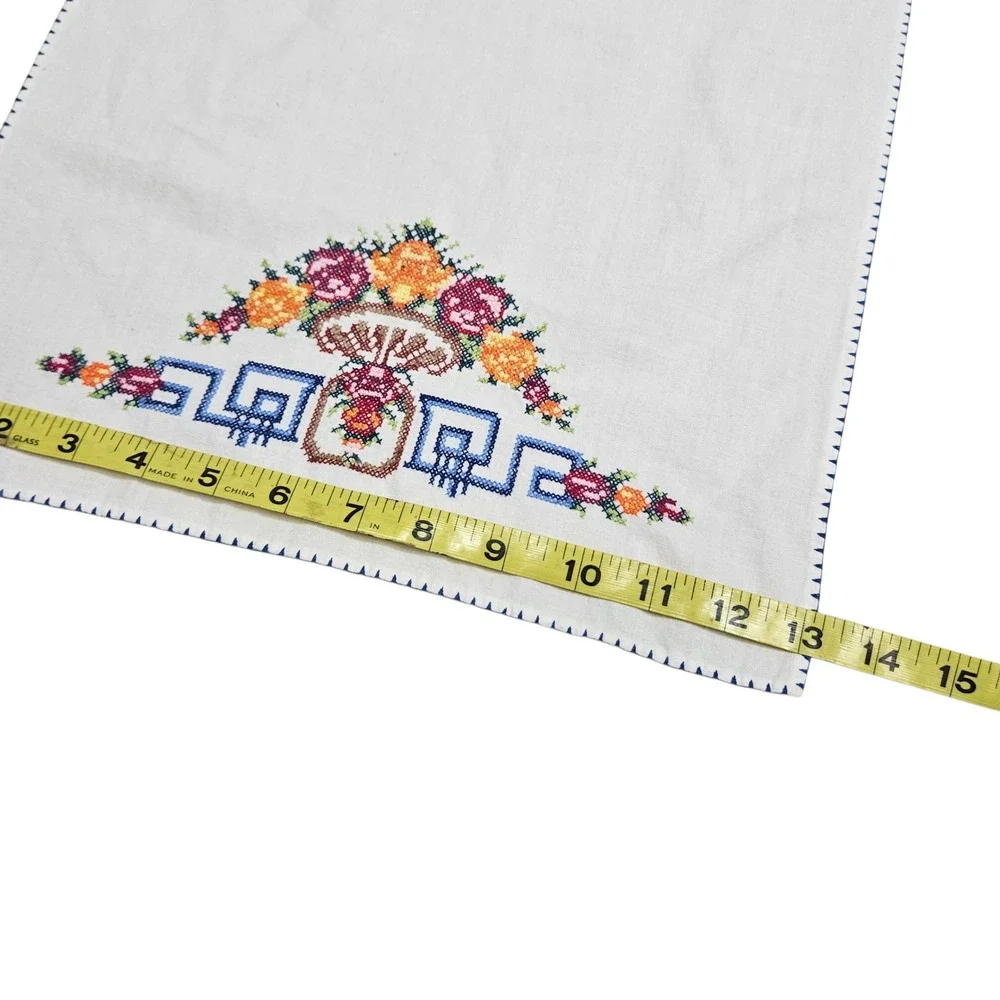 Vintage Cross Stitch Embroidered Floral Linen‎ Tea Towel Asian Cottagecore